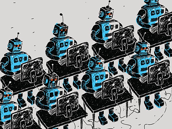 Cartoon robots lined up in a row working at computer desks